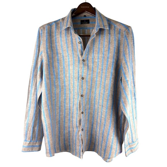 Luxure Louise Philippe 100% Linen Slim Fit Striped Long Sleeve Shirt, Men's L - Picture 1 of 12